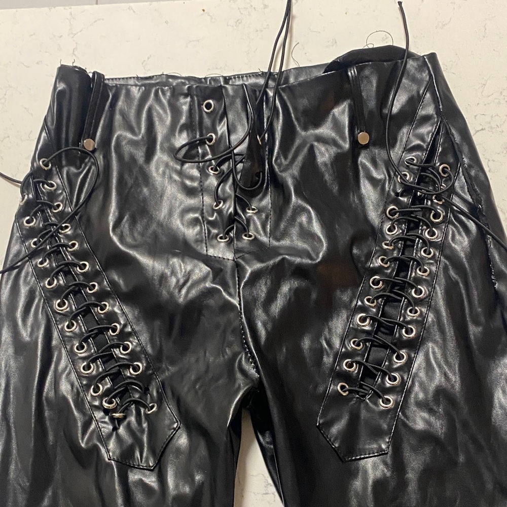 Black Lace-Up Leather Pants - Picture 4 of 5